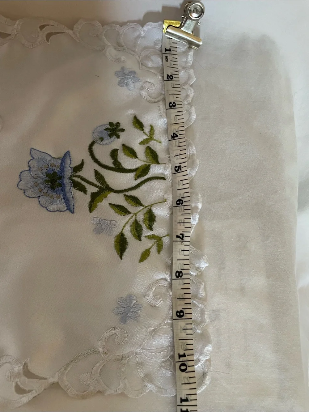 Embroidered Blue Floral Linen Runner & Doily Set